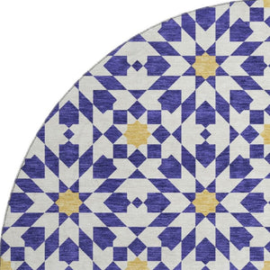HomeRoots 8' Navy Blue Ivory Gold Geometric Round Rug - Washable, UV Protected, Stylish & Durable for Homes 662046