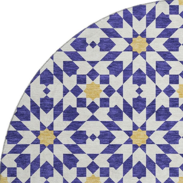 HomeRoots 8' Navy Blue Ivory Gold Geometric Round Rug - Washable, UV Protected, Stylish & Durable for Homes 662046