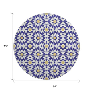 HomeRoots 8' Navy Blue Ivory Gold Geometric Round Rug - Washable, UV Protected, Stylish & Durable for Homes 662046