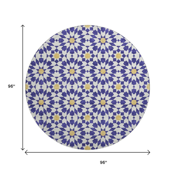 HomeRoots 8' Navy Blue Ivory Gold Geometric Round Rug - Washable, UV Protected, Stylish & Durable for Homes 662046