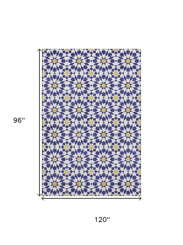 HomeRoots 8' X 10' Navy Blue Ivory Gold Geometric Area Rug - Washable, UV Protected, Perfect for High-Traffic Areas 662047