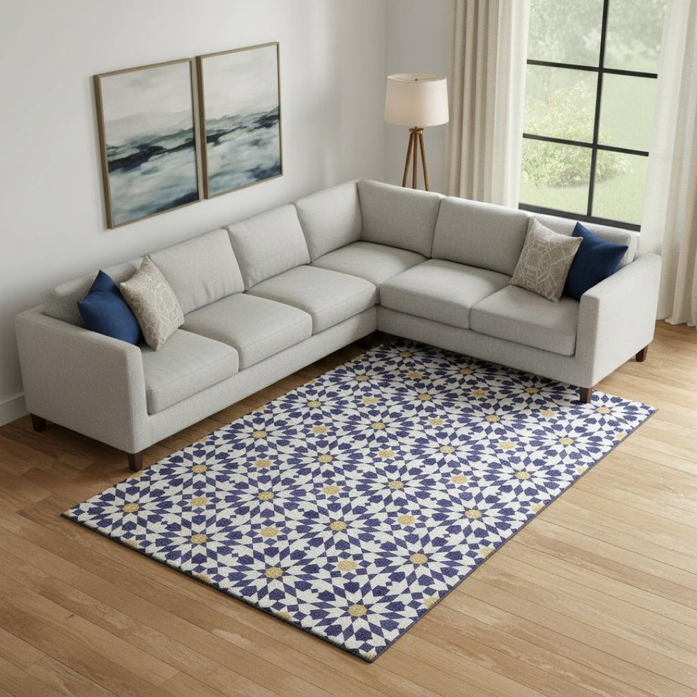 HomeRoots 8' X 10' Navy Blue Ivory Gold Geometric Area Rug - Washable, UV Protected, Perfect for High-Traffic Areas 662047