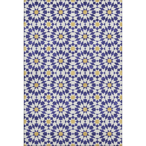 HomeRoots 8' X 10' Navy Blue Ivory Gold Geometric Area Rug - Washable, UV Protected, Perfect for High-Traffic Areas 662047