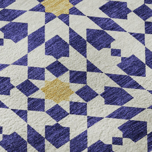 HomeRoots 8' X 10' Navy Blue Ivory Gold Geometric Area Rug - Washable, UV Protected, Perfect for High-Traffic Areas 662047