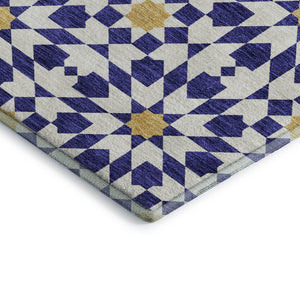 HomeRoots 8' X 10' Navy Blue Ivory Gold Geometric Area Rug - Washable, UV Protected, Perfect for High-Traffic Areas 662047