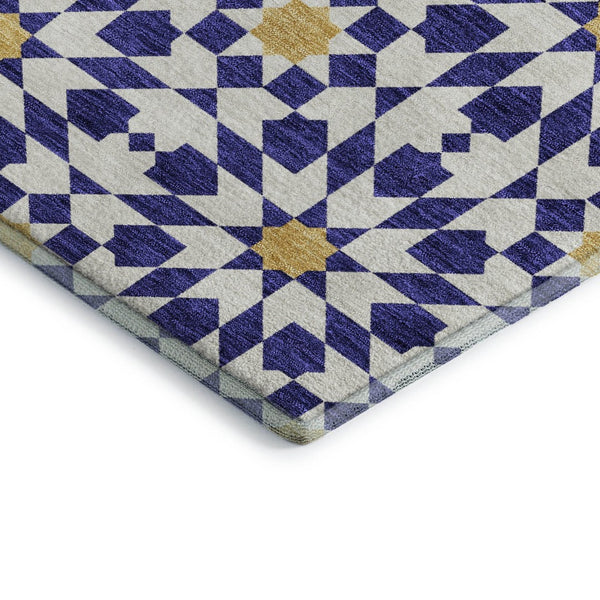 HomeRoots 8' X 10' Navy Blue Ivory Gold Geometric Area Rug - Washable, UV Protected, Perfect for High-Traffic Areas 662047