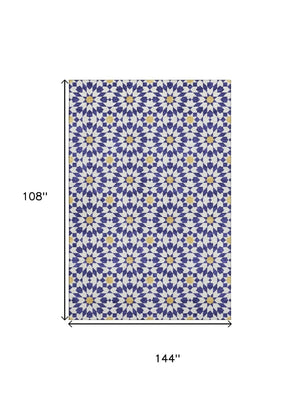 HomeRoots 9' X 12' Navy Blue, Ivory & Gold Geometric Washable Area Rug – Durable, Stylish & UV Protected! 662048