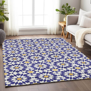 HomeRoots 9' X 12' Navy Blue, Ivory & Gold Geometric Washable Area Rug – Durable, Stylish & UV Protected! 662048