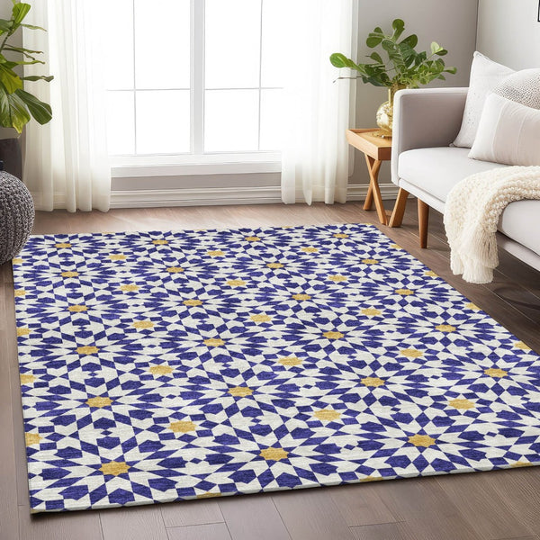 HomeRoots 9' X 12' Navy Blue, Ivory & Gold Geometric Washable Area Rug – Durable, Stylish & UV Protected! 662048