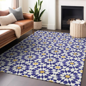 HomeRoots 9' X 12' Navy Blue, Ivory & Gold Geometric Washable Area Rug – Durable, Stylish & UV Protected! 662048