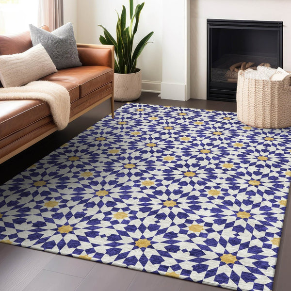 HomeRoots 9' X 12' Navy Blue, Ivory & Gold Geometric Washable Area Rug – Durable, Stylish & UV Protected! 662048