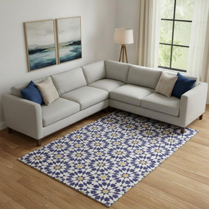 HomeRoots 9' X 12' Navy Blue, Ivory & Gold Geometric Washable Area Rug – Durable, Stylish & UV Protected! 662048