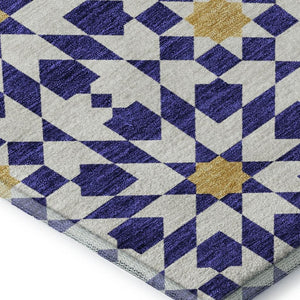 HomeRoots 9' X 12' Navy Blue, Ivory & Gold Geometric Washable Area Rug – Durable, Stylish & UV Protected! 662048