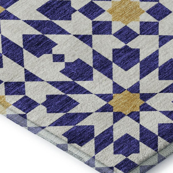 HomeRoots 9' X 12' Navy Blue, Ivory & Gold Geometric Washable Area Rug – Durable, Stylish & UV Protected! 662048