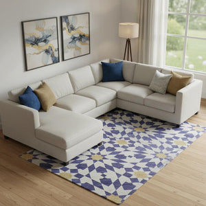 HomeRoots 10' Navy Blue, Ivory & Gold Geometric Area Rug - Washable, Stain Resistant & UV Protected for Durability 662049