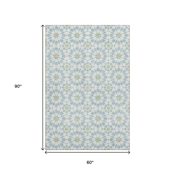 HomeRoots 5' X 8' Sky Blue Geometric Area Rug – Washable, Stain-Resistant, UV Protected for Modern Homes 662063
