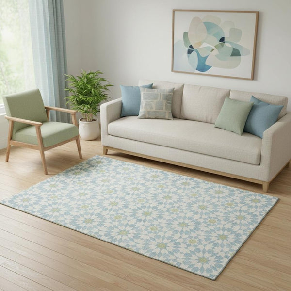 HomeRoots 5' X 8' Sky Blue Geometric Area Rug – Washable, Stain-Resistant, UV Protected for Modern Homes 662063