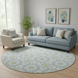 HomeRoots 8' Sky Blue Ivory & Green Geometric Round Rug - Washable, UV Protected, Perfect for Busy Spaces! 662064