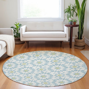 HomeRoots 8' Sky Blue Ivory & Green Geometric Round Rug - Washable, UV Protected, Perfect for Busy Spaces! 662064