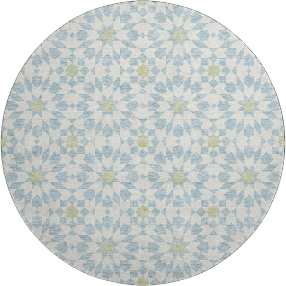 HomeRoots 8' Sky Blue Ivory & Green Geometric Round Rug - Washable, UV Protected, Perfect for Busy Spaces! 662064