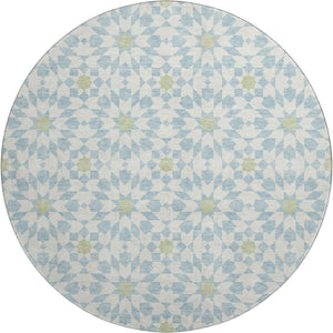 HomeRoots 8' Sky Blue Ivory & Green Geometric Round Rug - Washable, UV Protected, Perfect for Busy Spaces! 662064