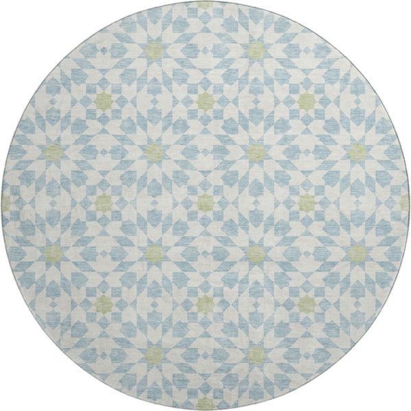 HomeRoots 8' Sky Blue Ivory & Green Geometric Round Rug - Washable, UV Protected, Perfect for Busy Spaces! 662064