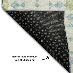 HomeRoots 8' Sky Blue Ivory & Green Geometric Round Rug - Washable, UV Protected, Perfect for Busy Spaces! 662064