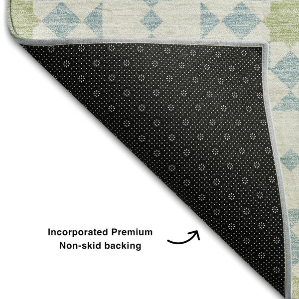HomeRoots 8' Sky Blue Ivory & Green Geometric Round Rug - Washable, UV Protected, Perfect for Busy Spaces! 662064