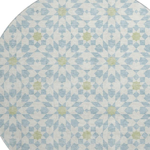 HomeRoots 8' Sky Blue Ivory & Green Geometric Round Rug - Washable, UV Protected, Perfect for Busy Spaces! 662064