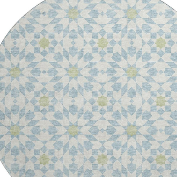 HomeRoots 8' Sky Blue Ivory & Green Geometric Round Rug - Washable, UV Protected, Perfect for Busy Spaces! 662064
