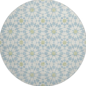 HomeRoots 8' Sky Blue Ivory & Green Geometric Round Rug - Washable, UV Protected, Perfect for Busy Spaces! 662064