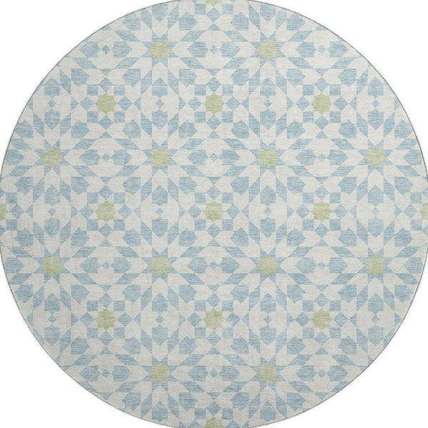 HomeRoots 8' Sky Blue Ivory & Green Geometric Round Rug - Washable, UV Protected, Perfect for Busy Spaces! 662064