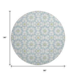 HomeRoots 8' Sky Blue Ivory & Green Geometric Round Rug - Washable, UV Protected, Perfect for Busy Spaces! 662064