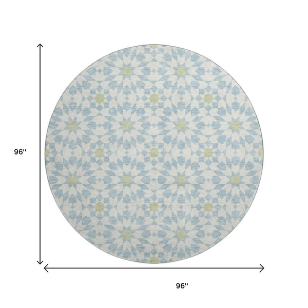 HomeRoots 8' Sky Blue Ivory & Green Geometric Round Rug - Washable, UV Protected, Perfect for Busy Spaces! 662064