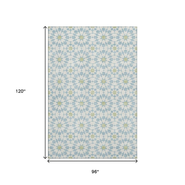 HomeRoots 8' X 10' Geometric Sky Blue Ivory Green Area Rug - Washable, UV Protected, Perfect for Busy Homes! 662065