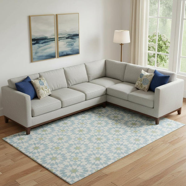 HomeRoots 8' X 10' Geometric Sky Blue Ivory Green Area Rug - Washable, UV Protected, Perfect for Busy Homes! 662065
