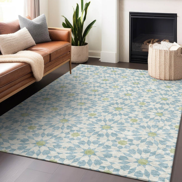 HomeRoots 8' X 10' Geometric Sky Blue Ivory Green Area Rug - Washable, UV Protected, Perfect for Busy Homes! 662065