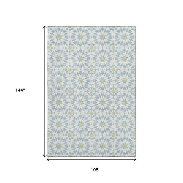 HomeRoots 9' X 12' Stylish Sky Blue, Ivory & Green Geometric Washable Area Rug – Durable, UV Protected & Easy Care! 662066