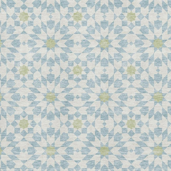 HomeRoots 9' X 12' Stylish Sky Blue, Ivory & Green Geometric Washable Area Rug – Durable, UV Protected & Easy Care! 662066