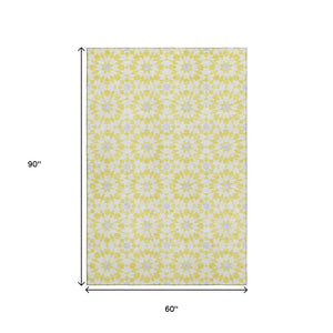 HomeRoots 5' X 8' Stylish Yellow, Ivory & Gray Geometric Washable Area Rug with UV Protection for Family Homes 662069