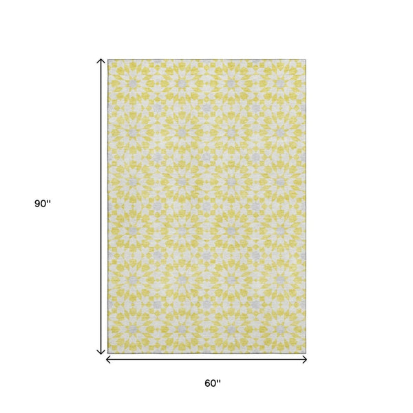 HomeRoots 5' X 8' Stylish Yellow, Ivory & Gray Geometric Washable Area Rug with UV Protection for Family Homes 662069