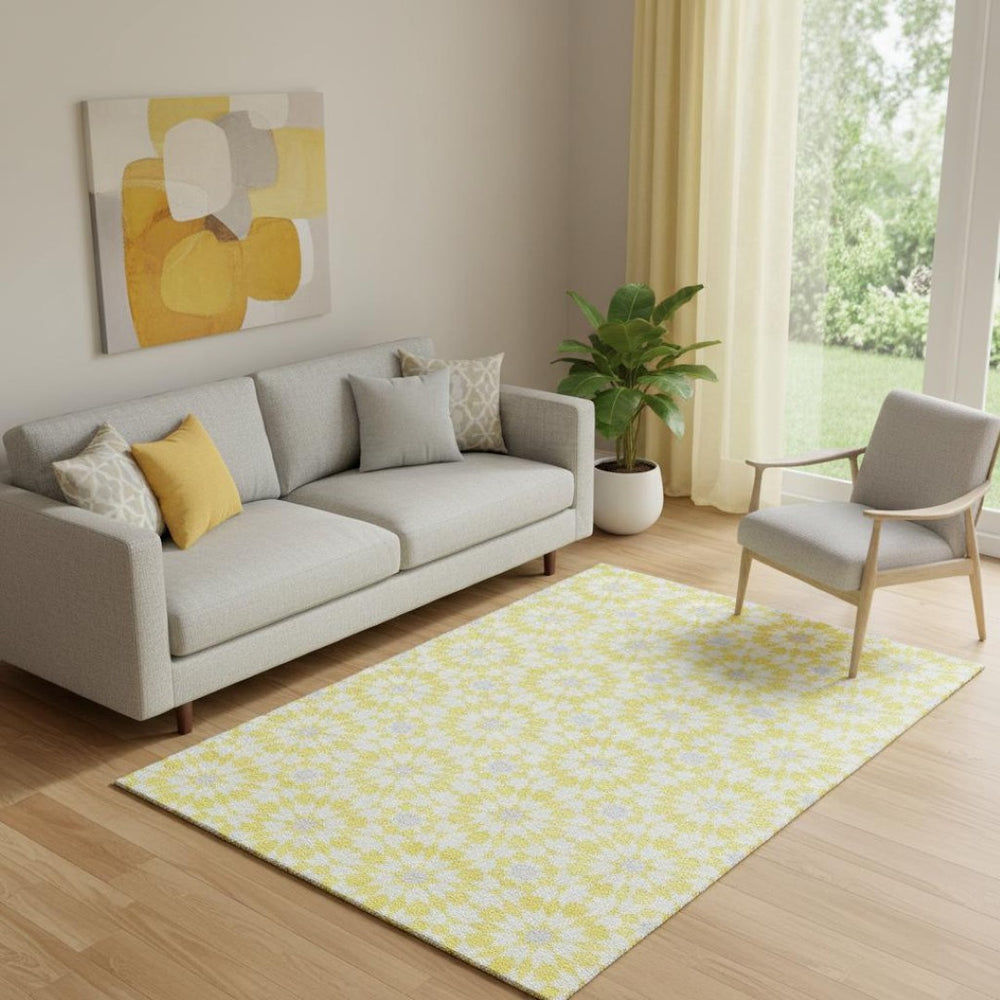 HomeRoots 5' X 8' Stylish Yellow, Ivory & Gray Geometric Washable Area Rug with UV Protection for Family Homes 662069