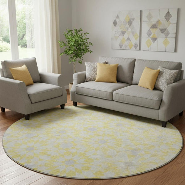 HomeRoots 8' Washable Round Rug in Yellow, Ivory & Gray - Stylish Geometric Design with UV Protection & Stain Resistance 662070