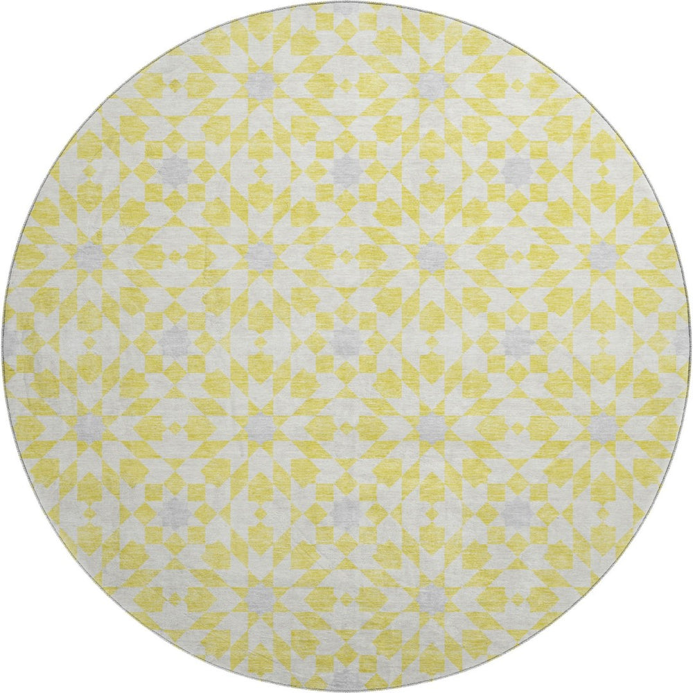 HomeRoots 8' Washable Round Rug in Yellow, Ivory & Gray - Stylish Geometric Design with UV Protection & Stain Resistance 662070