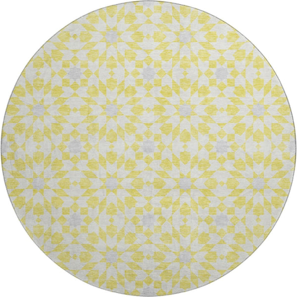 HomeRoots 8' Washable Round Rug in Yellow, Ivory & Gray - Stylish Geometric Design with UV Protection & Stain Resistance 662070