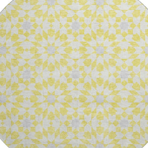 HomeRoots 8' Washable Round Rug in Yellow, Ivory & Gray - Stylish Geometric Design with UV Protection & Stain Resistance 662070