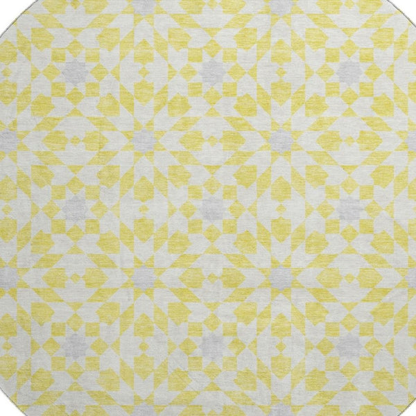HomeRoots 8' Washable Round Rug in Yellow, Ivory & Gray - Stylish Geometric Design with UV Protection & Stain Resistance 662070