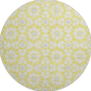 HomeRoots 8' Washable Round Rug in Yellow, Ivory & Gray - Stylish Geometric Design with UV Protection & Stain Resistance 662070