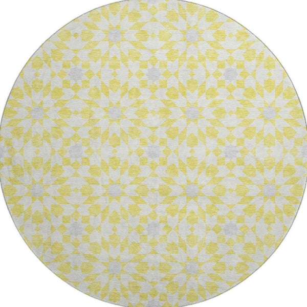 HomeRoots 8' Washable Round Rug in Yellow, Ivory & Gray - Stylish Geometric Design with UV Protection & Stain Resistance 662070