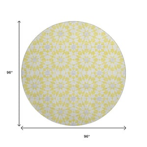 HomeRoots 8' Washable Round Rug in Yellow, Ivory & Gray - Stylish Geometric Design with UV Protection & Stain Resistance 662070